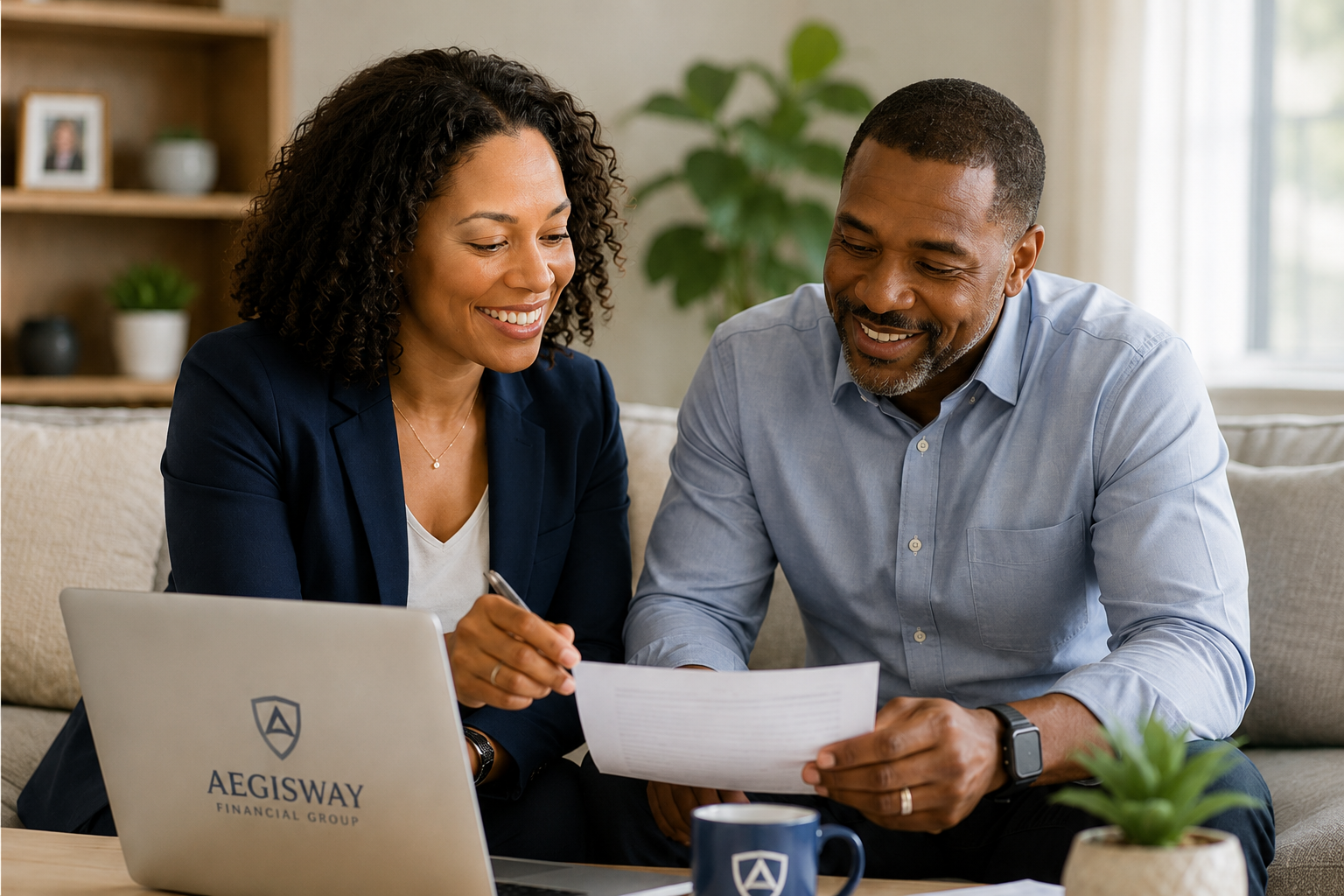A couple reviewing financial protection options with Aegisway Financial Group